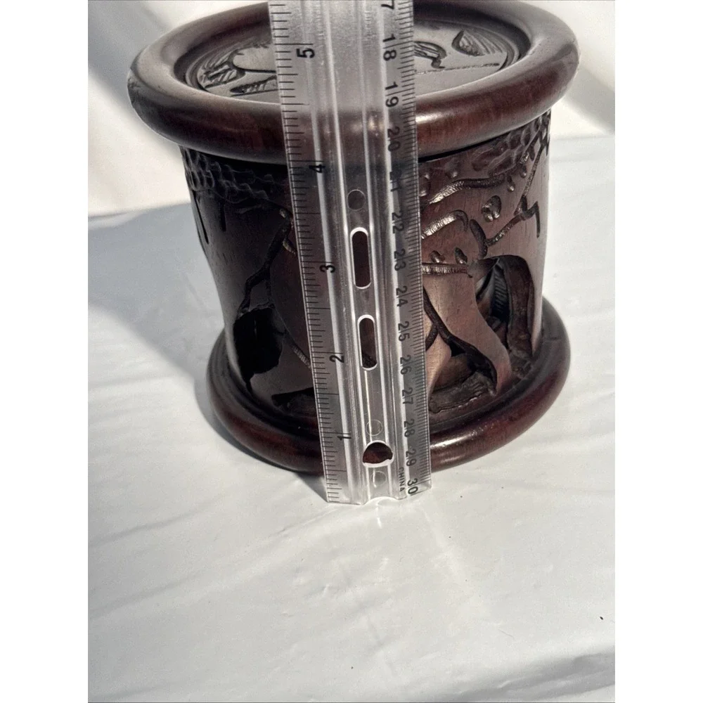 VTG Hand Carved African Ironwood Set of 6 Wooden Elephant Coasters Holder & Lid